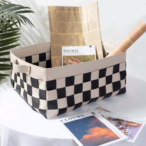 編織收納籃黑白棋盤格置物筐高顏值臥室衣帽間臟衣簍家用物整理筐