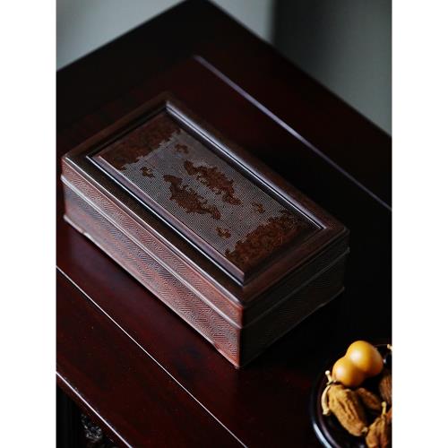 印度小葉紫檀純手工鑲嵌銀絲銅絲雙福饕餮圖紋蓋盒紅木首飾收納盒
