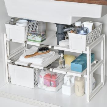 日式廚房水槽置物架可伸縮碗碟調味品鍋具儲物架下水槽分層收納架