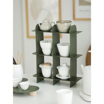 墨綠色鐵藝置物架 家用茶具杯架 桌面雜物收納架 簡約杯子展示架