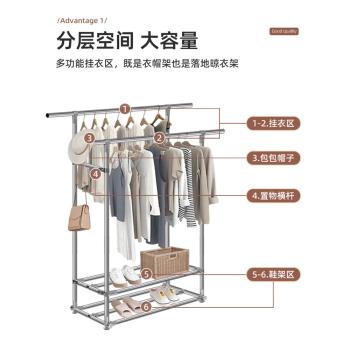 不銹鋼晾衣落地單桿式加粗結實室內陽臺簡易家用掛衣服架曬衣神器