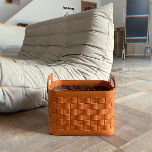 設計師皮質編織整理桌面儲物收納筐手提皮收納箱衣帽間衣物收納橙