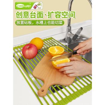酷易水槽瀝水架可折疊卷簾廚房水池碗盤架矽膠洗碗池置物架碗碟架