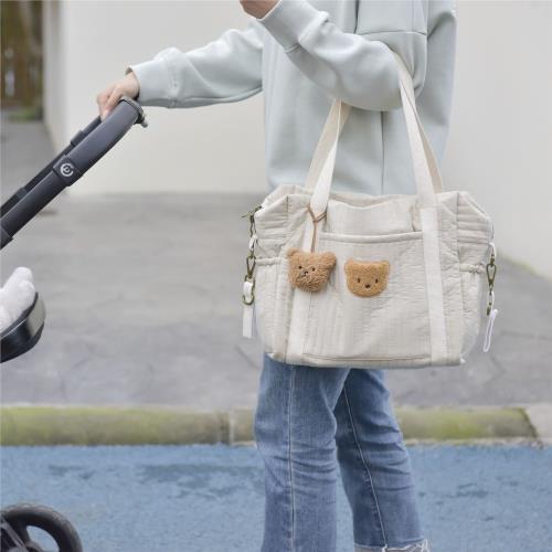 北歐寶媽多功能手提包 小熊刺繡推車手提包 潮流外出布藝媽咪包