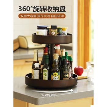 雙層可旋轉調料置物架木質轉角廚房臺面放醬油瓶調味品收納架神器