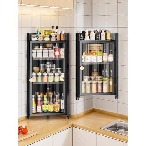 廚房調料置物架壁掛式轉角多層調味品儲物柜防塵帶門櫥柜收納柜子