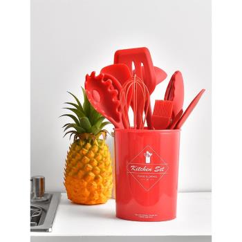 食品級矽膠全包廚具十件套裝不粘矽膠鏟勺廚房烘焙工具紅色10件套