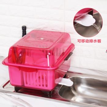 特大號廚房碗筷收納盒瀝水架碗碟架餐具帶蓋碗盆帶排水孔塑膠碗櫃