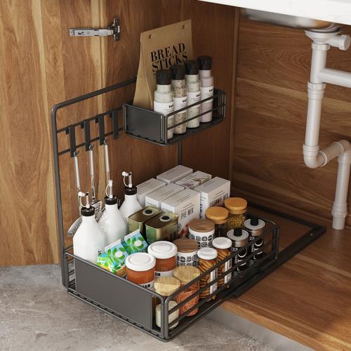 抽拉式櫥柜置物架下水槽置物架柜子內整理架廚房用品調味料收納架