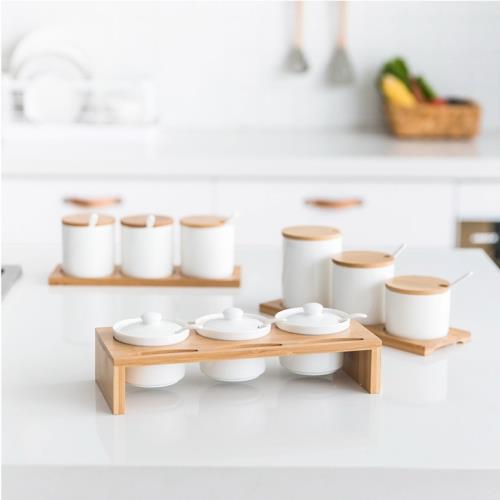 北歐時尚創意簡約陶瓷調味罐套裝調味盒調料罐調味瓶帶竹木架子