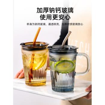 日本代購吸管帶蓋玻璃杯子女辦公室水杯家用果汁把手杯奶茶咖啡杯