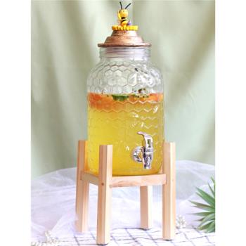 歐式玻璃果汁罐不耐熱帶龍頭甜品臺酒店餐廳飲料桶5L冷水壺帶木底