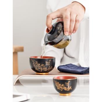 中式手工描金陶瓷旅行功夫茶具套裝一壺二杯快客杯隨身戶外便攜包