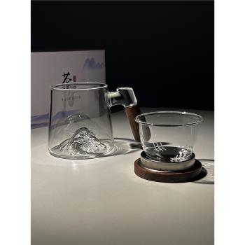 耐熱加厚玻璃水杯日式茶水分離泡茶杯子帶把可加熱男生辦公室禮盒
