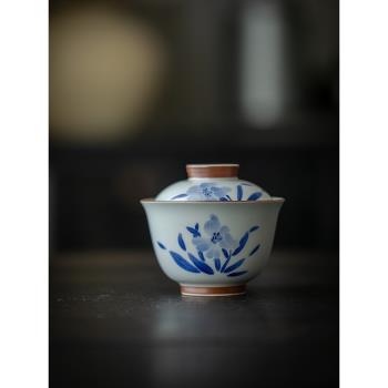 釉下手繪青花陶瓷泡茶碗百合花仿古功夫茶具蓋碗家用新品杯子套裝