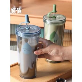 雙層吸管杯可循環使用兒童奶茶飲料杯子咖啡杯奶昔杯喝水塑膠水杯