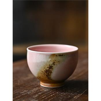 景德鎮高溫原礦志野仿柴燒粉色窯變釉開片可養手工復古陶瓷主人杯