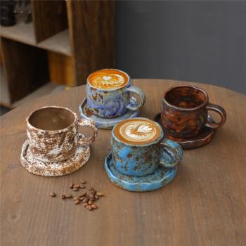 手捏粗陶咖啡杯碟套裝組手工日式復古咖啡杯藝術杯陶瓷手沖咖啡杯