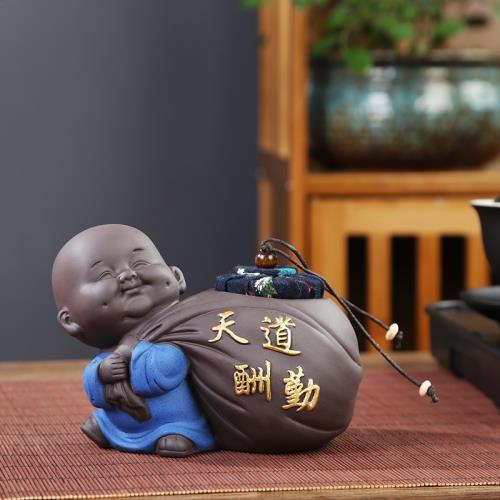 天道酬勤茶葉罐創意個性時尚紫砂小和尚粗陶密封儲存茶葉罐禮盒
