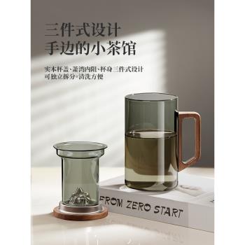 茶杯玻璃杯泡茶杯耐高溫男女士木柄玻璃水杯套裝大容量茶水分離杯