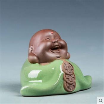 開心彌勒佛茶寵哥窯佛擺件招財進寶功夫茶具茶道茶盤配件紫砂開片