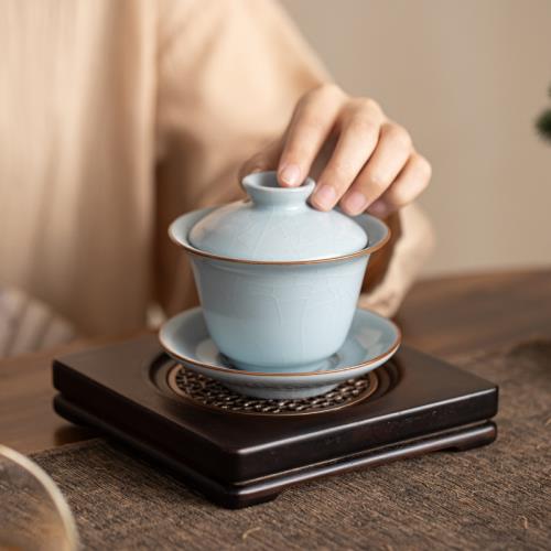 汝窯蓋碗家用陶瓷三才蓋碗大號泡茶杯茶碗汝瓷開片可養金絲鐵線|蓋碗