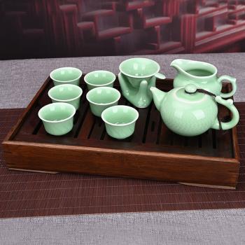 龍泉家用青瓷宮廷風創意陶瓷鳳尾壺功夫茶具10件套禮盒裝伴手禮