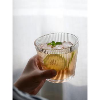 九土條紋玻璃杯喝水杯子家用果汁飲料杯創意紋理啤酒杯冷飲咖啡杯