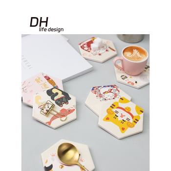 DH可愛招財貓系列矽藻泥吸水杯墊家用防燙軟木墊餐桌隔熱墊防滑墊