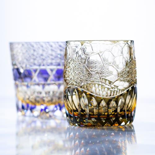 日本KAGAMI江戶切子藍雛菊洛克杯套色水晶玻璃威士忌洋酒杯手工|酒杯(新