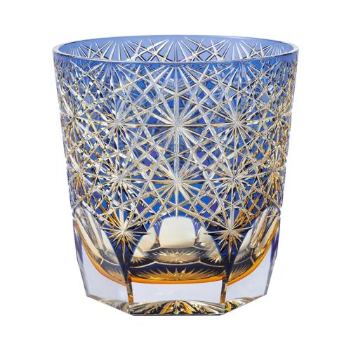 日本KAGAMI江戶切子藍雛菊洛克杯套色水晶玻璃威士忌洋酒杯手工|酒杯(新