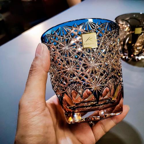 日本KAGAMI江戶切子藍雛菊洛克杯套色水晶玻璃威士忌洋酒杯手工|酒杯(新