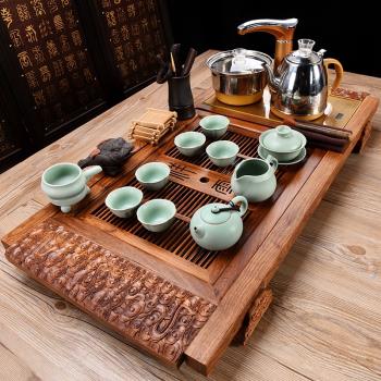 家用整套紫砂功夫茶具套裝配整塊花梨木茶盤全自動四合一電磁爐裝