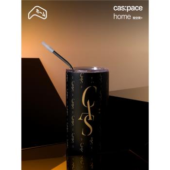 殼空間原創cas:黑金保溫杯咖啡隨行帶吸管不銹鋼杯子冰美式咖啡杯