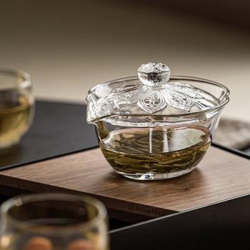 蓮花玻璃蓋碗透明手執泡茶碗耐熱防燙二才蓋碗大號功夫茶具綠茶碗