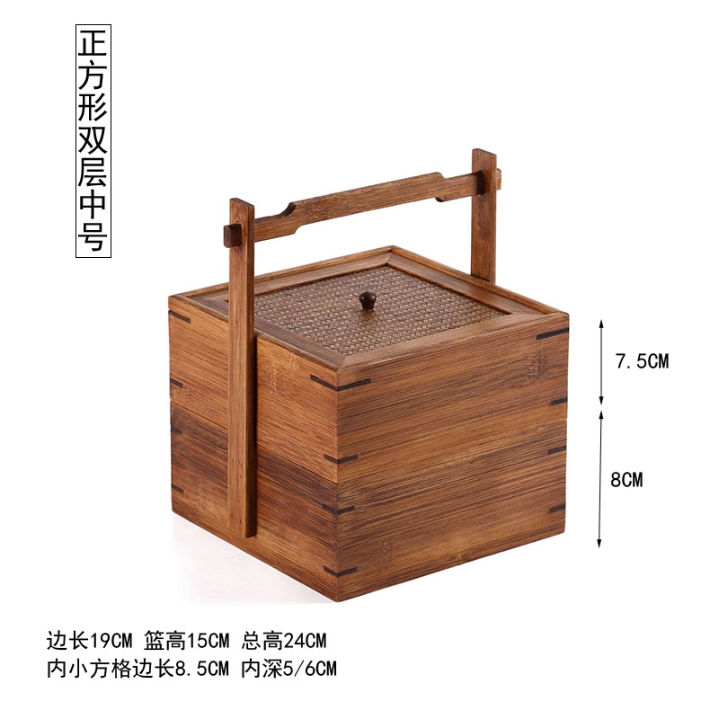 復古竹制提盒茶箱食籃雙層茶點心月餅茶葉包裝干果盤分格收納裝飾|水果