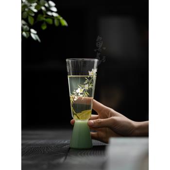魚戲耐熱玻璃高足手工貼花茶杯