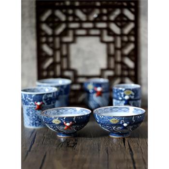 日本進口有田燒套裝陶瓷餐具青花童戲春情侶對碗甜品碗水杯一閑人