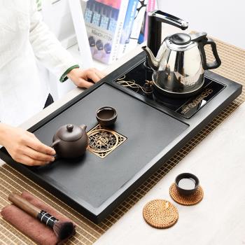 整塊烏金石茶盤二合一電器家用茶海自動泡茶燒水壺中式排水茶臺桌