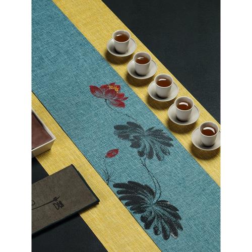 哲明手繪日式茶桌旗禪意防水茶席布棉麻禪意布藝茶道麻布茶桌布墊