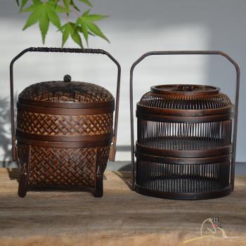 日式食盒 竹編漆器雙層提籃 果籃糕點盤 復古大漆便攜茶具收納盒
