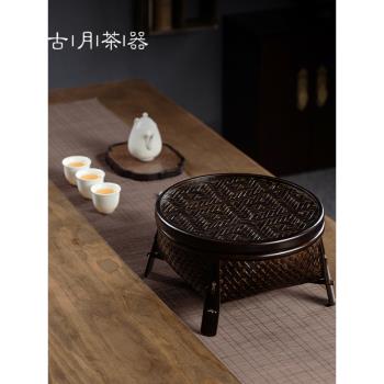 功夫茶具收納盒竹編筐家用桌上放茶具的帶蓋防塵復古高腳竹盒竹筐