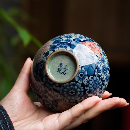 景德鎮柴燒老陶泥手繪青花萬花主人杯茶杯柴窯全手工滿工品茗杯|茶杯