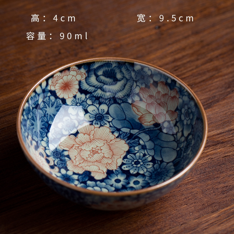景德鎮柴燒老陶泥手繪青花萬花主人杯茶杯柴窯全手工滿工品茗杯|茶杯