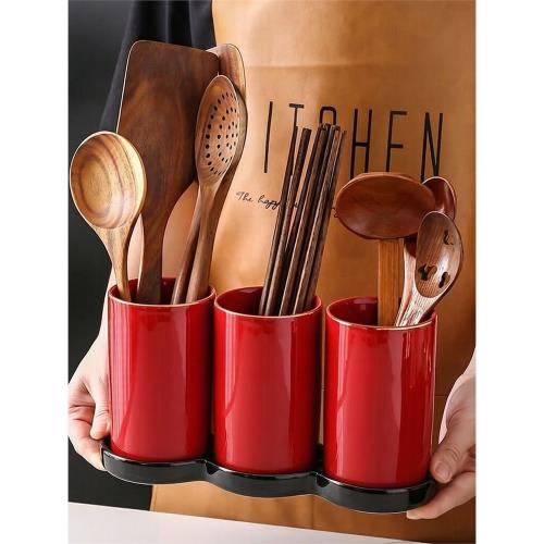 輕奢風大號陶瓷筷子筒三件套廚房家用筷子籠筷子桶瀝水筷架收納筒