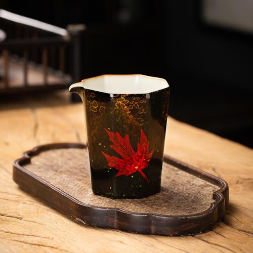 大漆楓葉公道杯手工陶瓷汝窯分茶器茶海高端勻杯福州漆器茶具公杯