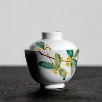 山水間桂花釉下彩手繪蓋碗家用景德鎮陶瓷手工茶器中國風創意禮物