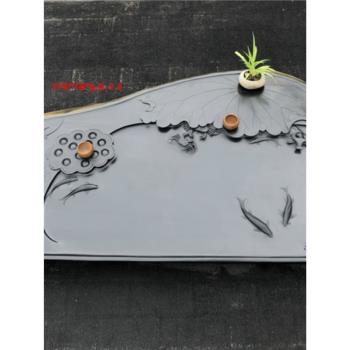 歙硯天然石材料茶盤硯石黑色大號茶海單層茶具精品茶海移動茶托烏