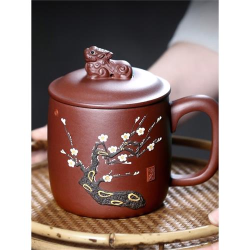 宜興紫砂杯正宗原礦朱泥全純手工貼花壽桃杯泥繪泡茶喝水杯子茶具|茶杯