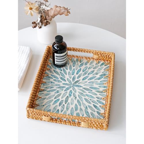 越南藤編彩貝托盤手工秋藤編織收納果盤天然貝殼內把手桌面茶盤